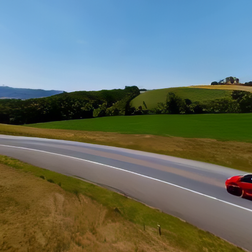 a red car driving down a country road with a grassy field on the side